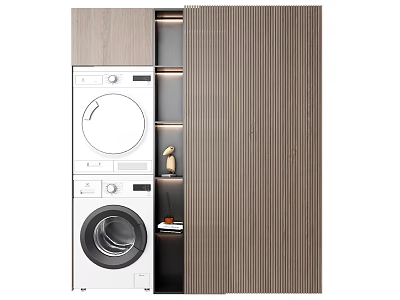 Modern Wooden Bathroom Cabinet Rack With Stacked Washing Machine Dryer Storage 3d model