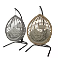 Stylish Rattan Teardrop Hanging Chair With Black Metal Stand And Beige Padded Cushion