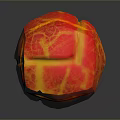 Vibrant Red And Yellow Fruit Ball With Cracked Surface On Black Background