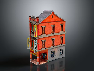 Traditional Three Story Red Brick Building With Gray Roof Windows And Storefront Signs 3d model