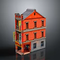 Traditional Three Story Red Brick Building With Gray Roof Windows And Storefront Signs