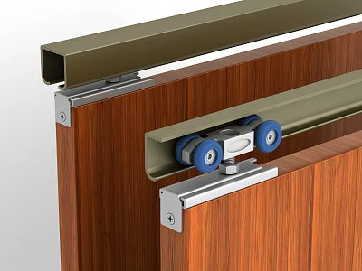 Sliding Door Hardware With Wooden Panel Metal Track And Blue Rollers 3d model