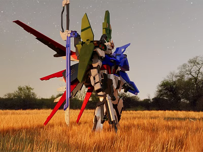 Mecha Robot Standing In Golden Wheat Field Under Starry Sky With Trees 3d model