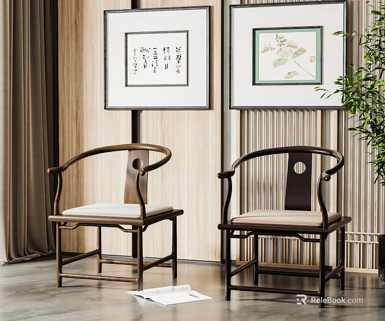 Traditional Chinese Leisure Chairs With Curved Arms Wooden Frame Light Seat Cushion And Wall Art 3d model 