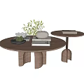 Modern Round Wooden Coffee Table With Books Vase And Green Plants