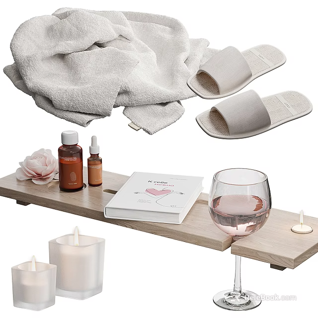 Bathroom Accessories With Towel Slippers Toiletries Rose Book Wine Glass And Candles On Tray 3d model 