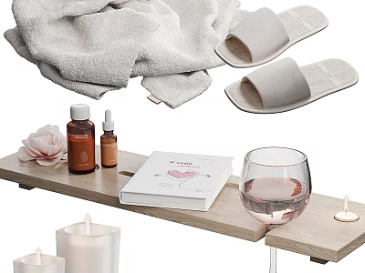 Bathroom Accessories With Towel Slippers Toiletries Rose Book Wine Glass And Candles On Tray 3d model