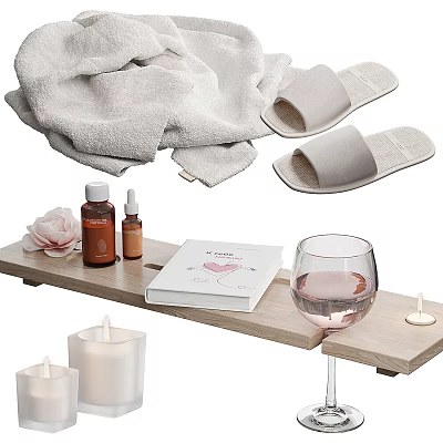 Bathroom Accessories With Towel Slippers Toiletries Rose Book Wine Glass And Candles On Tray 3d model