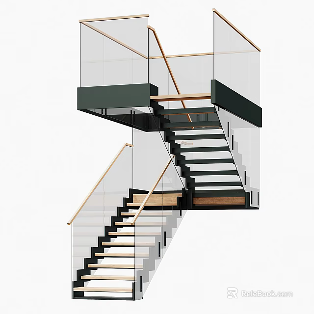 Modern Staircase Design with Glass Railing Metal Handrail and Wooden Treads 3d model 