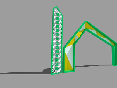 Modern Entrance Gate With Green Yellow Geometric Design And Striped Structure 3d model