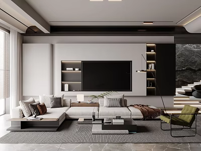 Modern Living Room Interior Design With TV Wall Sofa Rug Coffee Table And Plants 3d model