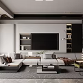 Modern Living Room Interior Design With TV Wall Sofa Rug Coffee Table And Plants