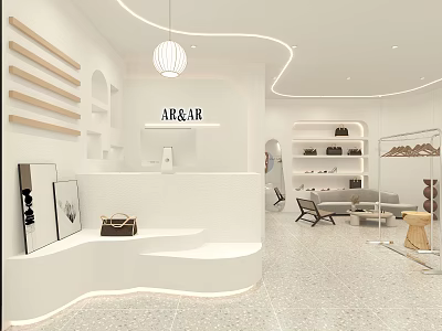 AR&AR Clothing Store White Curved Design With Display Racks Sofa Bags Mirrors And Pendant Lights 3d model