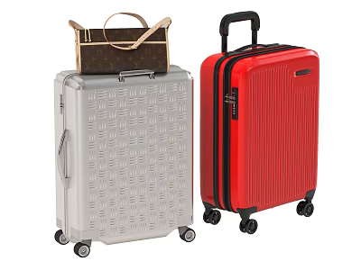 Silver Diamond Pattern Suitcase With Brown Handbag And Red Rolling Luggage Design 3d model
