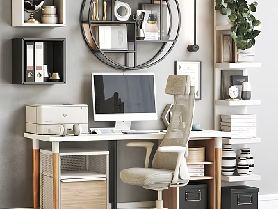 Stylish Home Office Desk Chair Set With Computer Printer And Decorative Shelves 3d model