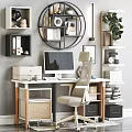 Stylish Home Office Desk Chair Set With Computer Printer And Decorative Shelves