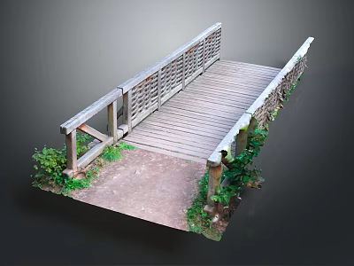 Scenic Outdoor Wooden Bridge With Wooden Railings Planks And Green Plants 3d model