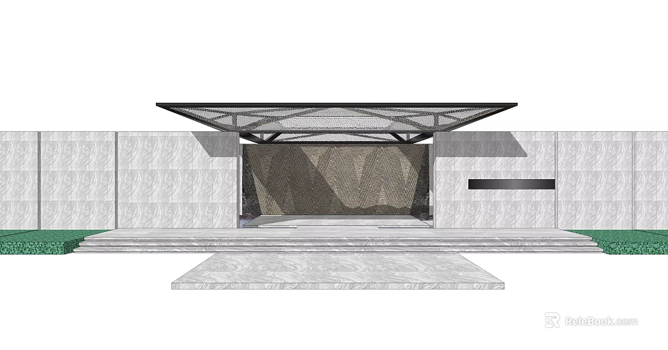 Modern Entrance Gate With Textured Stone Walls Geometric Canopy And Wide Steps 3d model 
