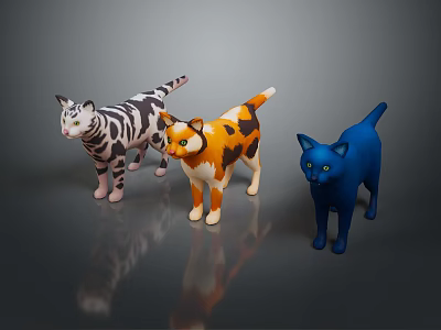 Three Colorful Cat Figurines With Striped Calico And Blue Patterns On Grey Surface 3d model