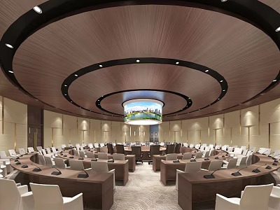 Spacious Conference Room With Circular Layout Wooden Ceiling Central Large Screen And Neat Seats 3d model