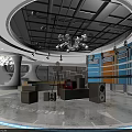 Modern Exhibition Space With Circular Floor Ceiling Lights And Display Shelves 3d model