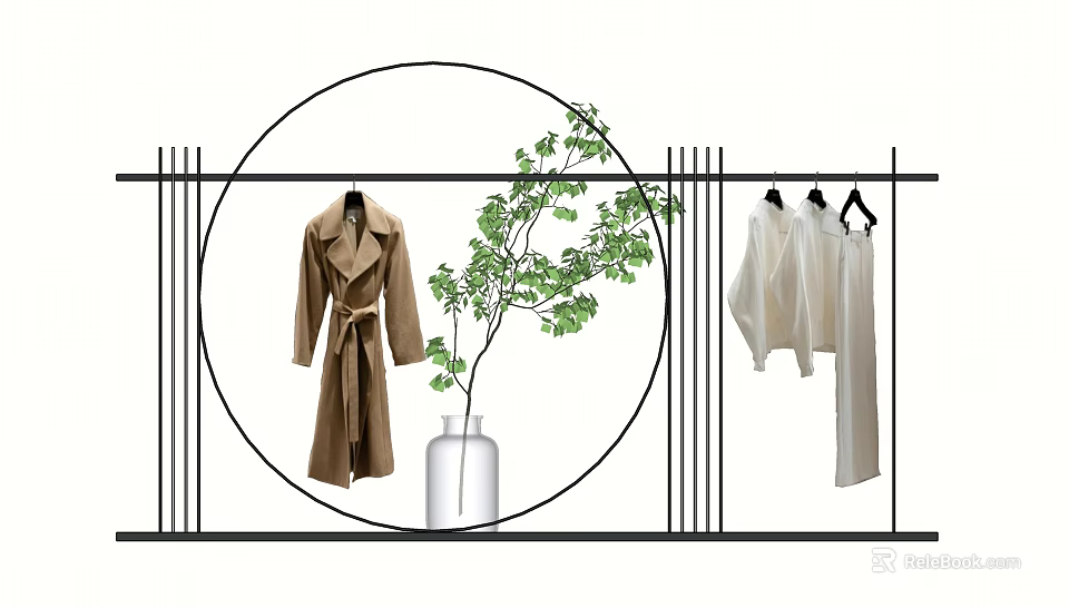Black Hangers with Brown Trench Coat White Tops Green Plant and Black Grid Frame 3d model 