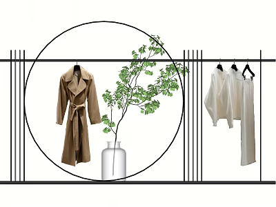 Black Hangers with Brown Trench Coat White Tops Green Plant and Black Grid Frame 3d model