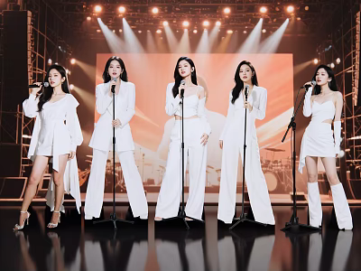 Five Women In White Outfits Singing On Stage With Microphones And Stage Lights 3d model