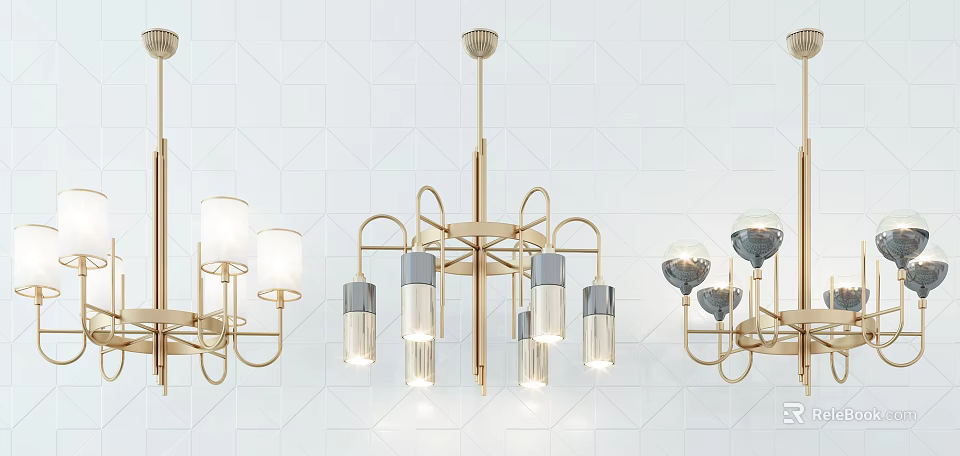 Modern Chandelier With Golden Geometric Frame And Transparent Glass Shades For Interior Lighting 3d model 