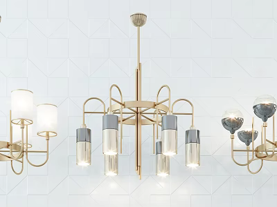 Modern Chandelier With Golden Geometric Frame And Transparent Glass Shades For Interior Lighting 3d model