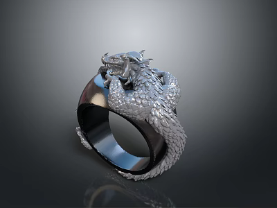 Stylish Silver Ring With Intricate Dragon Design And Polished Surface Finish 3d model