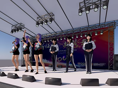 Group of young women performing on stage with bright stage lights and event backdrop 3d model