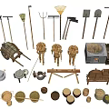Traditional Farming Tools Collection With Hoes Rakes Carts Baskets Pottery And Stone Mills