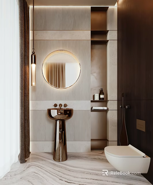 Modern Bathroom Interior With Round Mirror Hanging Light Metal Sink And Toiletries Shelf 3d model 