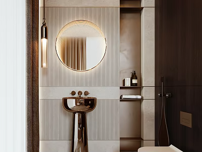Modern Bathroom Interior With Round Mirror Hanging Light Metal Sink And Toiletries Shelf 3d model