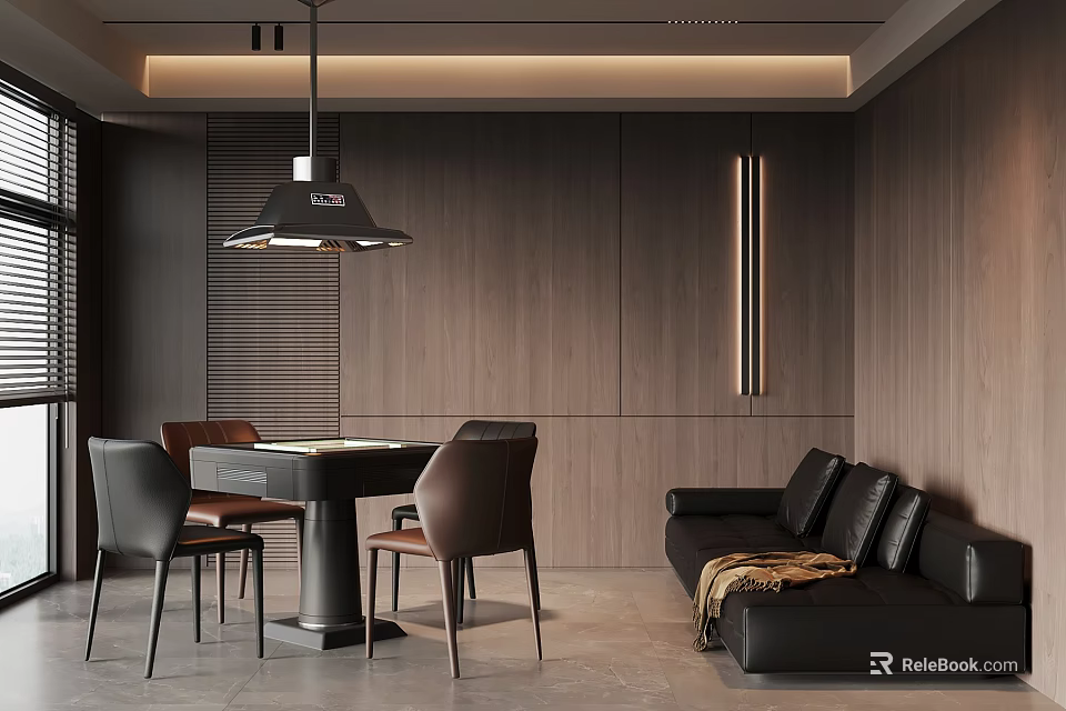 Modern Mahjong Room Interior With Wooden Walls Table Chairs And Sofa 3d model 