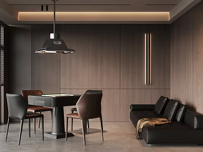 Modern Mahjong Room Interior With Wooden Walls Table Chairs And Sofa 3d model