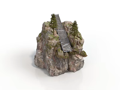 Natural Rock Formation Scene With Wooden Bridge Pine Trees And Mossy Surface 3d model