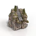 Natural Rock Formation Scene With Wooden Bridge Pine Trees And Mossy Surface