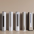 Various Modern Tower Air Cooler Fans Displayed On Wooden Table With Neutral Background