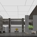 Modern Hotel Lobby Interior With Spacious Design Hanging Lights Columns Green Plants And Sofas
