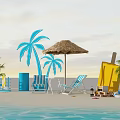 Beachside Relaxation Setup With Palm Trees Straw Umbrella Yellow Ice Cream Decoration And Deck Chairs