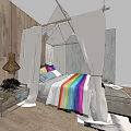 Double Bed with White Canopy Bench Colorful Pillows on Wooden Floor and Gray Wall Background