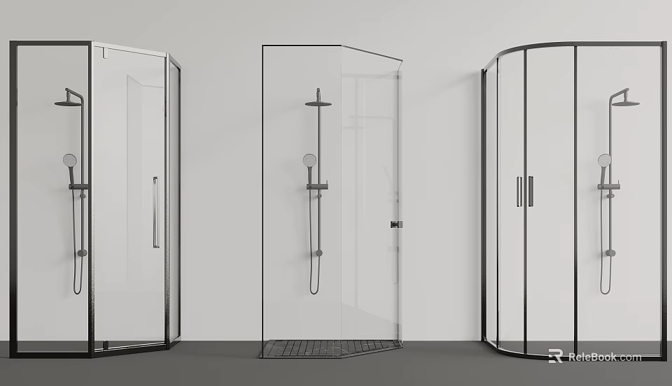Stylish Modern Shower Head In Transparent Glass Shower Enclosure With Different Designs 3d model 