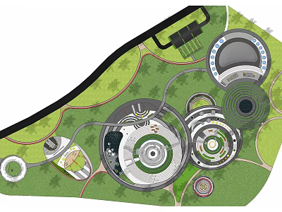 Modern Park Landscape Design With Circular Features Green Lawns And Winding Pathways 3d model