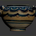 Sculpted Pottery Jar With Artistic Blue Yellow Decorative Patterns And Handles