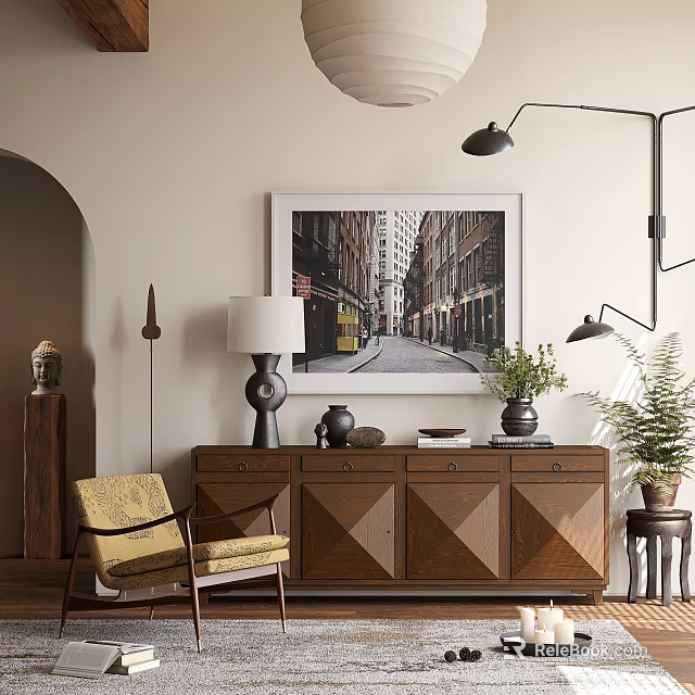 Modern Wooden Console Table And Side Cabinet With Accent Chair Wall Art And Potted Plant 3d model 