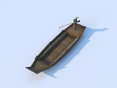 Traditional Wooden Boat With A Person Rowing On Calm Water Surface 3d model