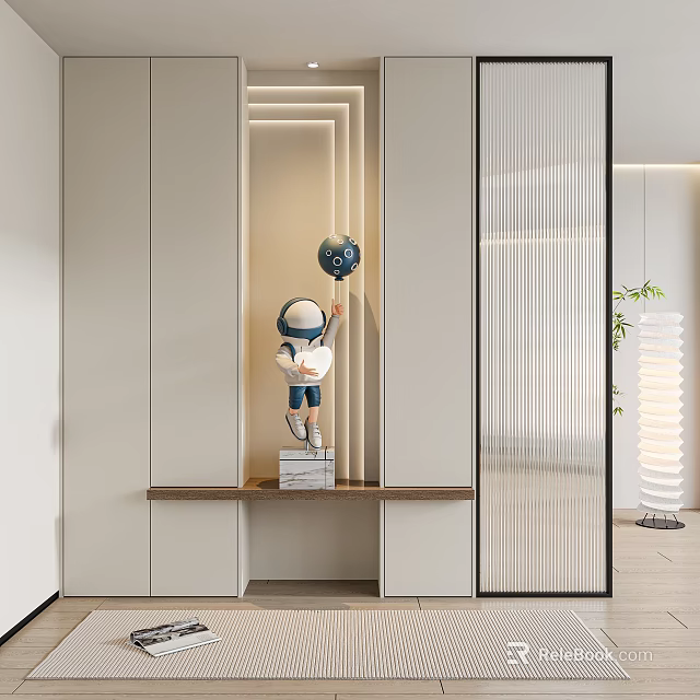 Modern Minimalist Entryway Console Cabinet With Wooden Top Decorative Figurine And Lighting Design 3d model 