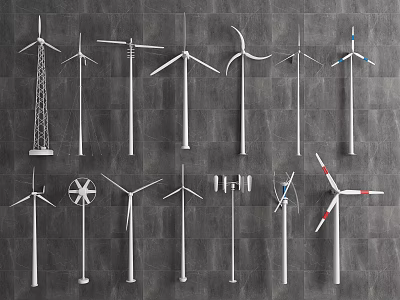 Various Wind Turbine Building Components Featuring Different Blade And Tower Designs 3d model